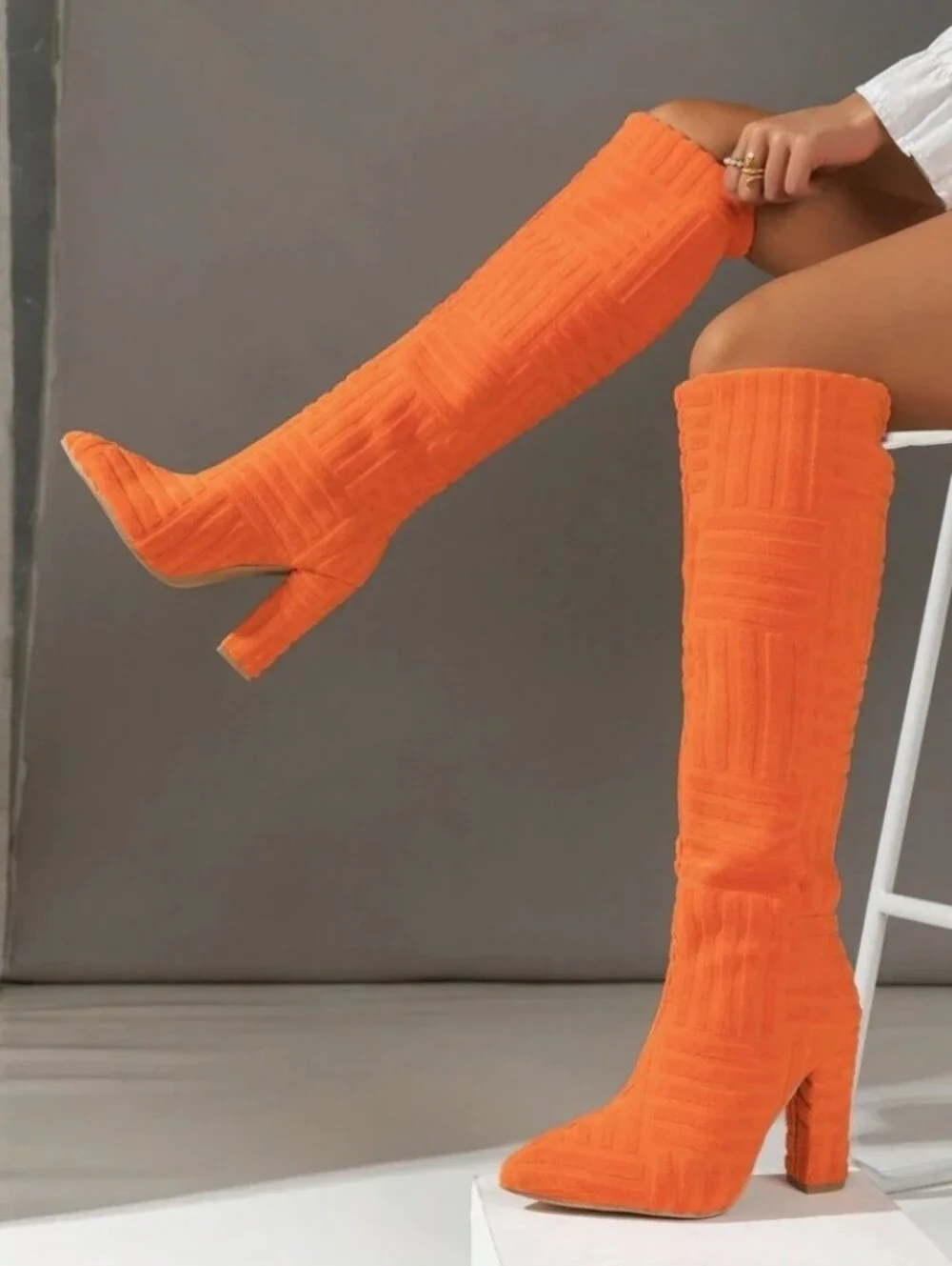 New! Retro Fabric Orange Knee-High Block Heel Boots - Women's